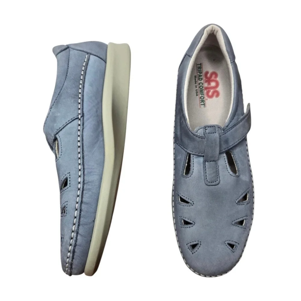 SAS Roamer Denim Leather T Strap Comfort Walking Shoes 8.5M Mary Jane Casual USA